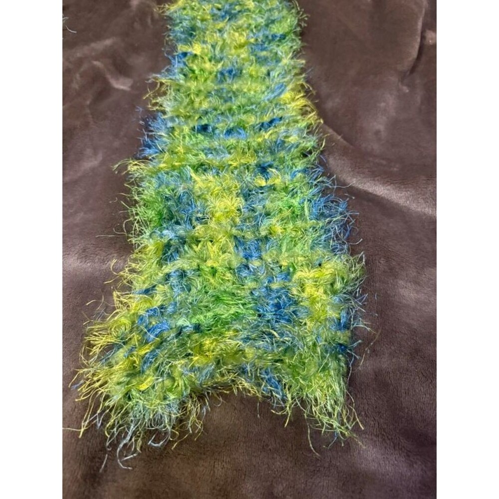 Handmade Fuzzy Crochet Scarf Lime Green Blue Y2K Fairy Grunge Dopamine Eyelash - Picture 4 of 7